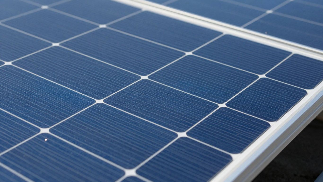 Detailed photovoltaic solar panel, blue cells, metal frame.
