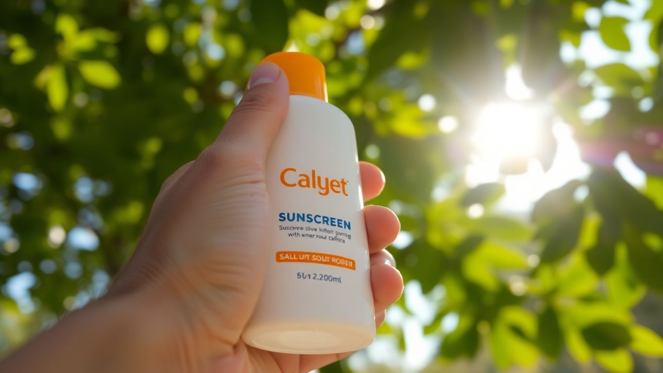Sonnencreme in der Hand mit Blättern im Hintergrund