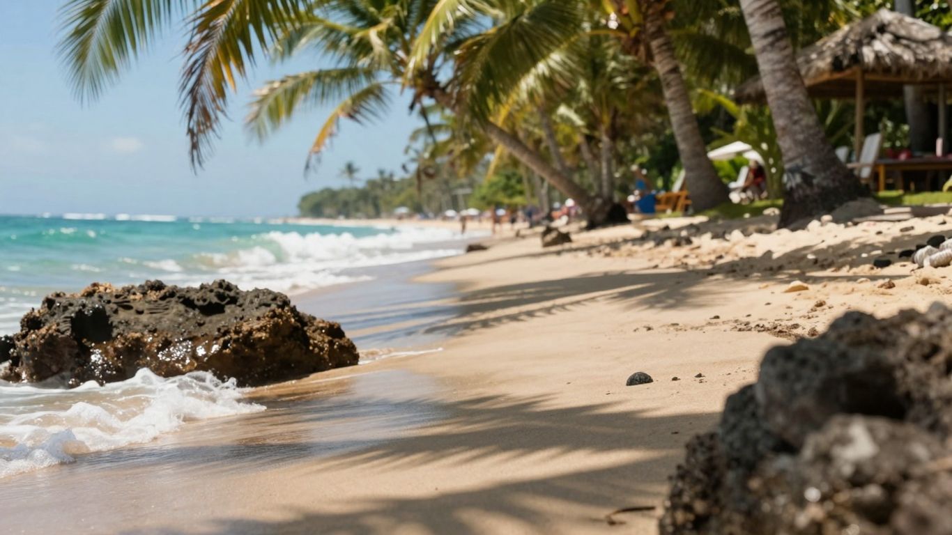 Bali beach with golden sand and palm trees.