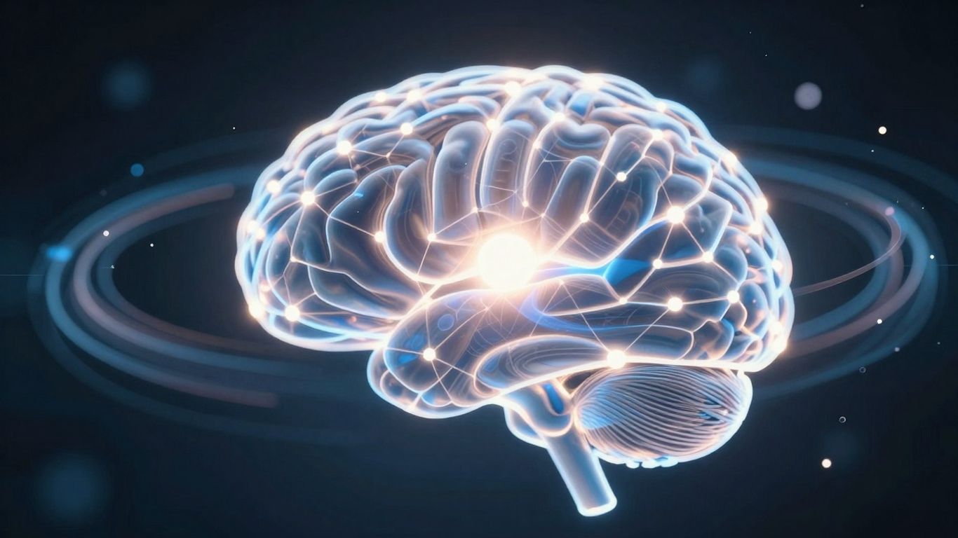 Glowing brain with digital particles, game-like feel.