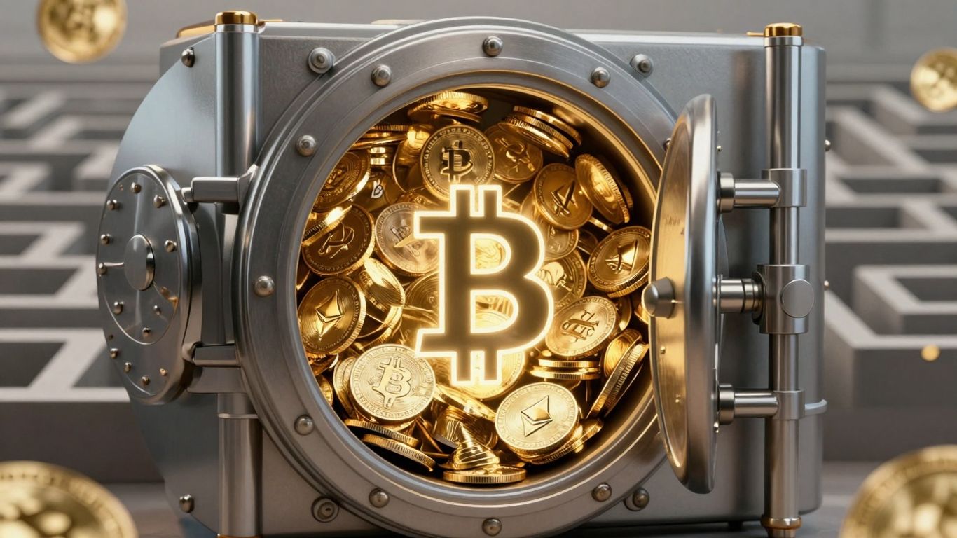 Digital crypto coins in a vault, abstract investment fund.