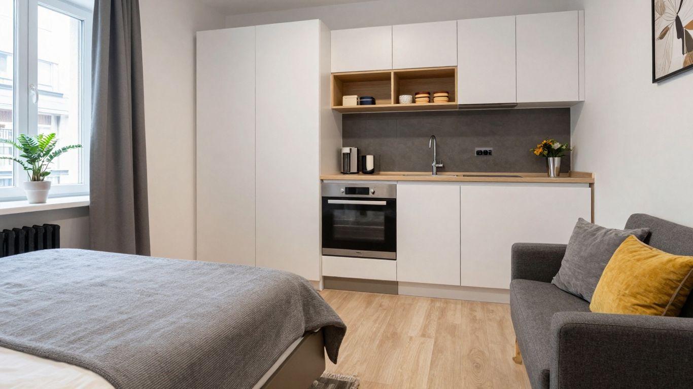 Garsonieră modernă în București, luminată natural.