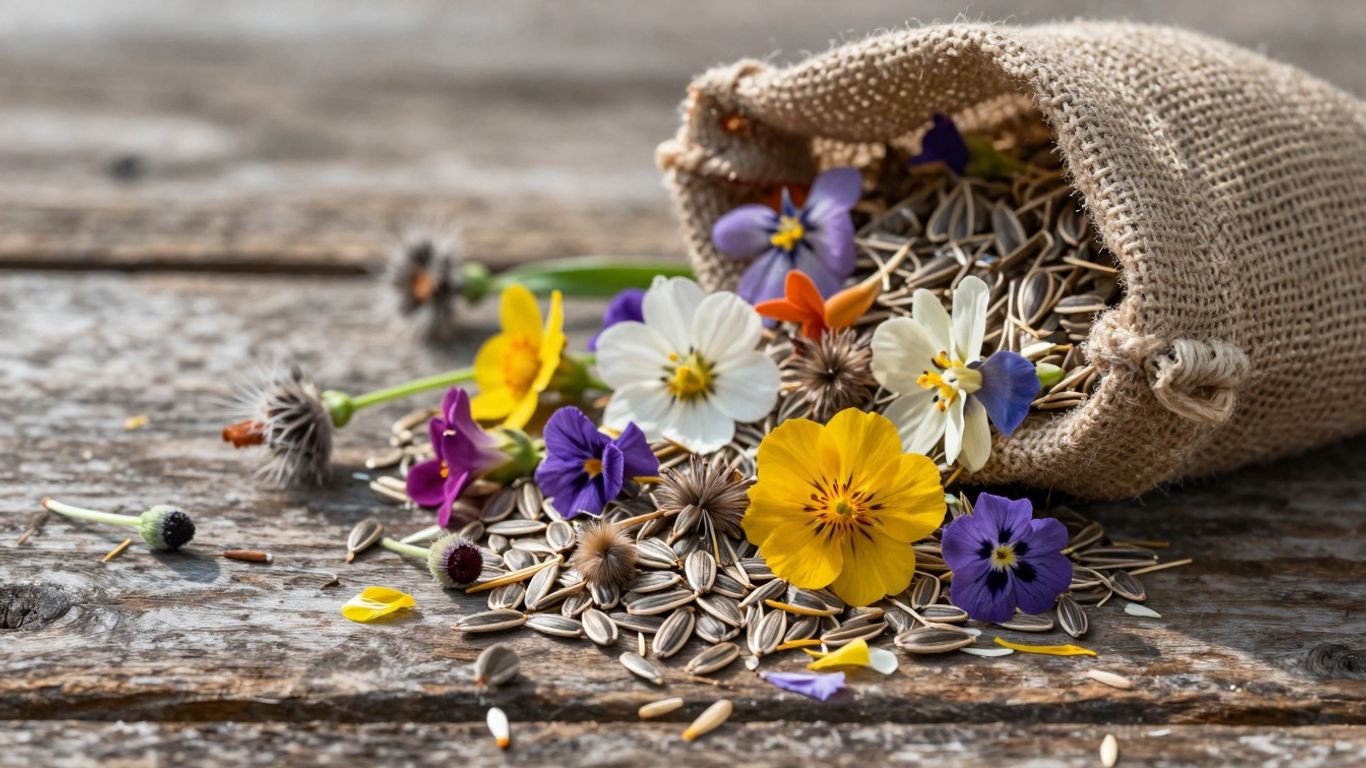 Bunte Wildblumen-Samen in einem Sack auf Holz