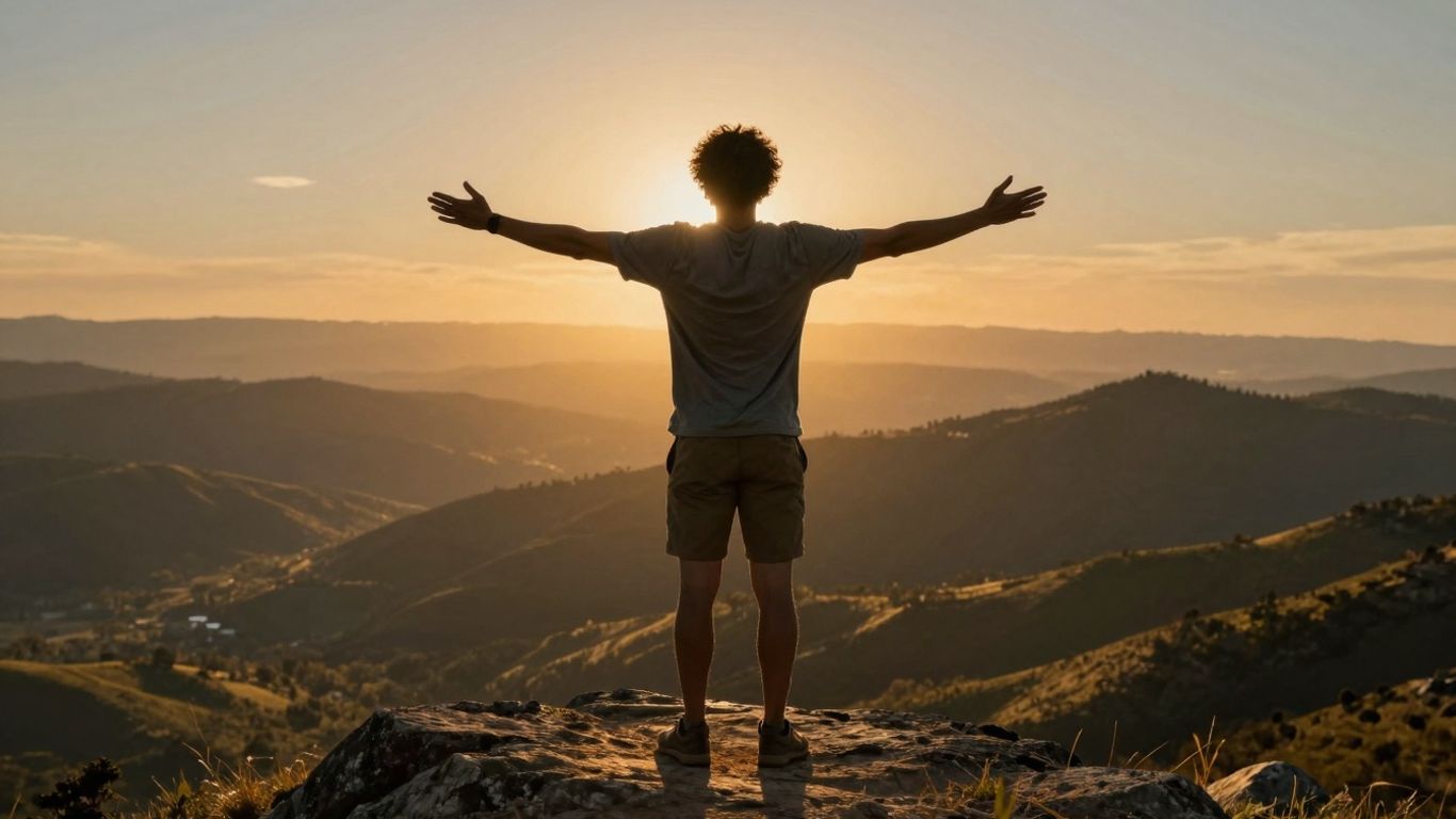 Person on mountaintop at sunrise, arms outstretched.