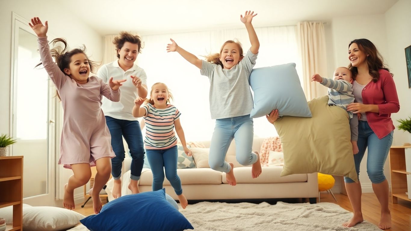 Familie spielt mit Alltagsgegenständen im Wohnzimmer