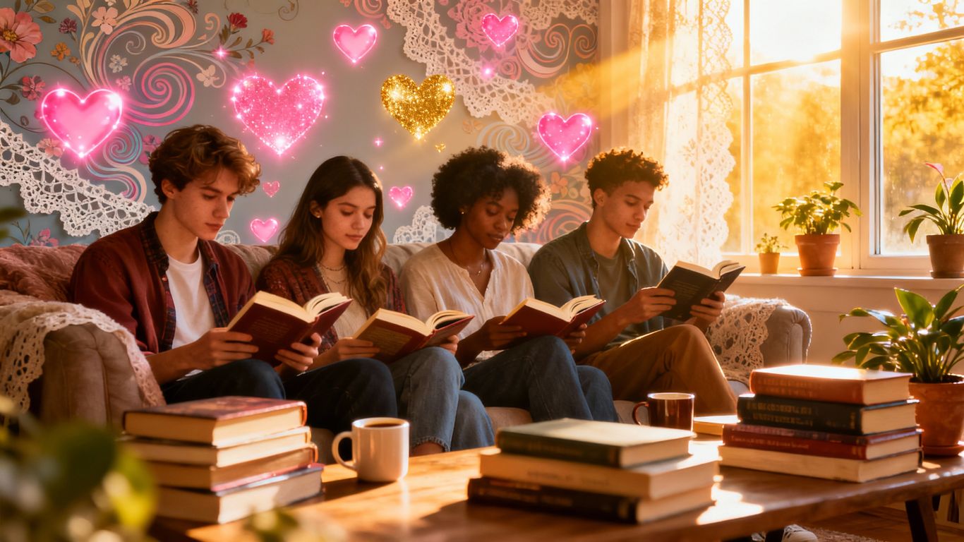 Young adults reading romance books, surrounded by hearts.
