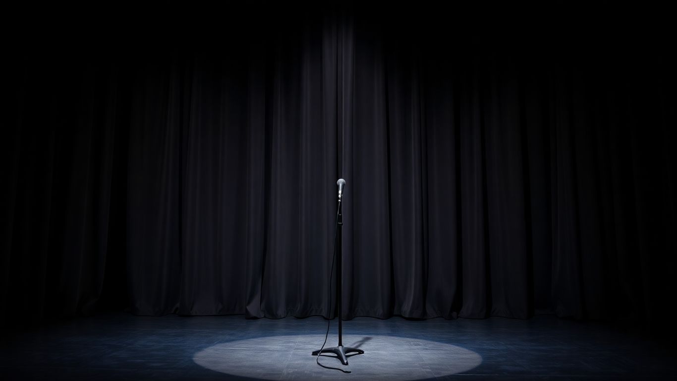 Empty comedy stage with spotlight on microphone stand.