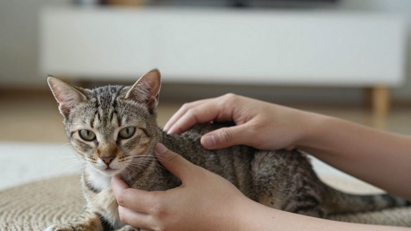 Thin cat being held by owner, looking unwell.