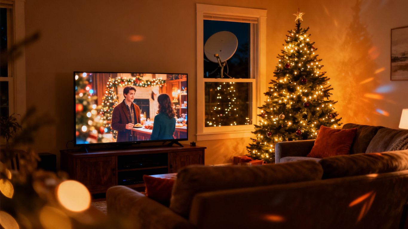 Cozy living room with holiday movie on satellite TV.