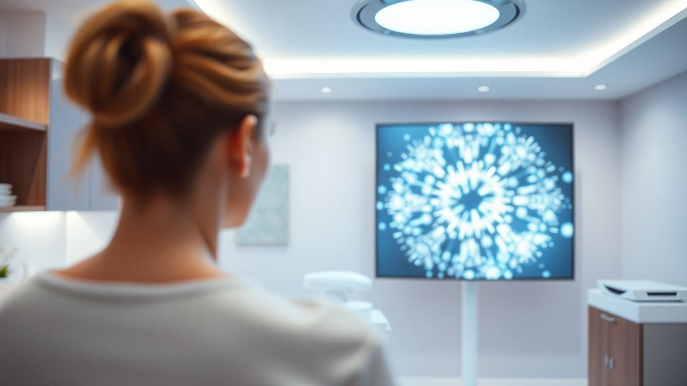 Clinic interior with glowing screen