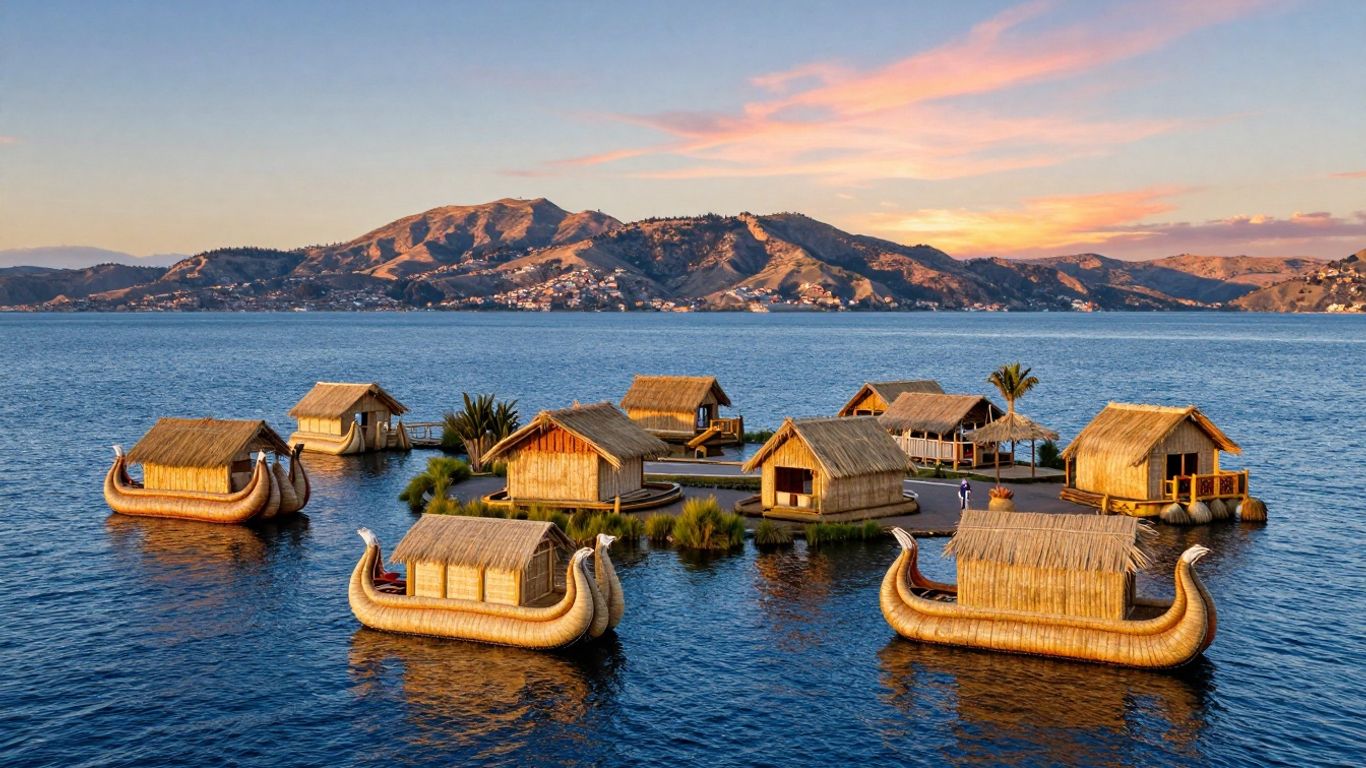 Uros Islands on Lake Titicaca with reed boats.