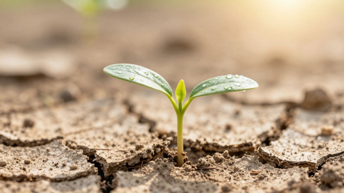 O mică plantă crescând din pământ uscat.