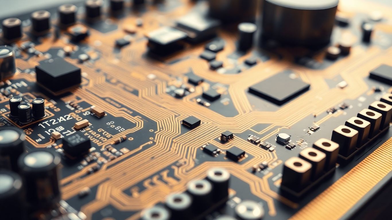 Aerospace PCB assembly with intricate golden traces.