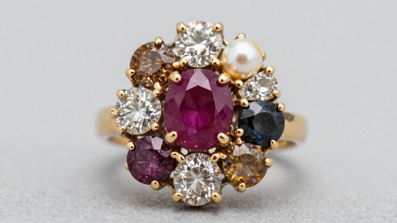 Navaratna ring with nine precious gemstones.