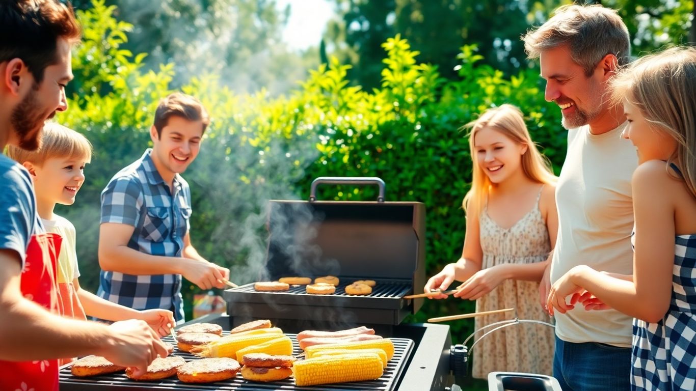 Family enjoying a barbecue meal outdoors.