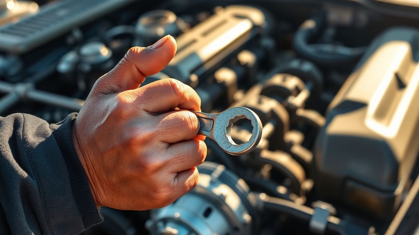 Mechanic's hands with wrench near car engine.