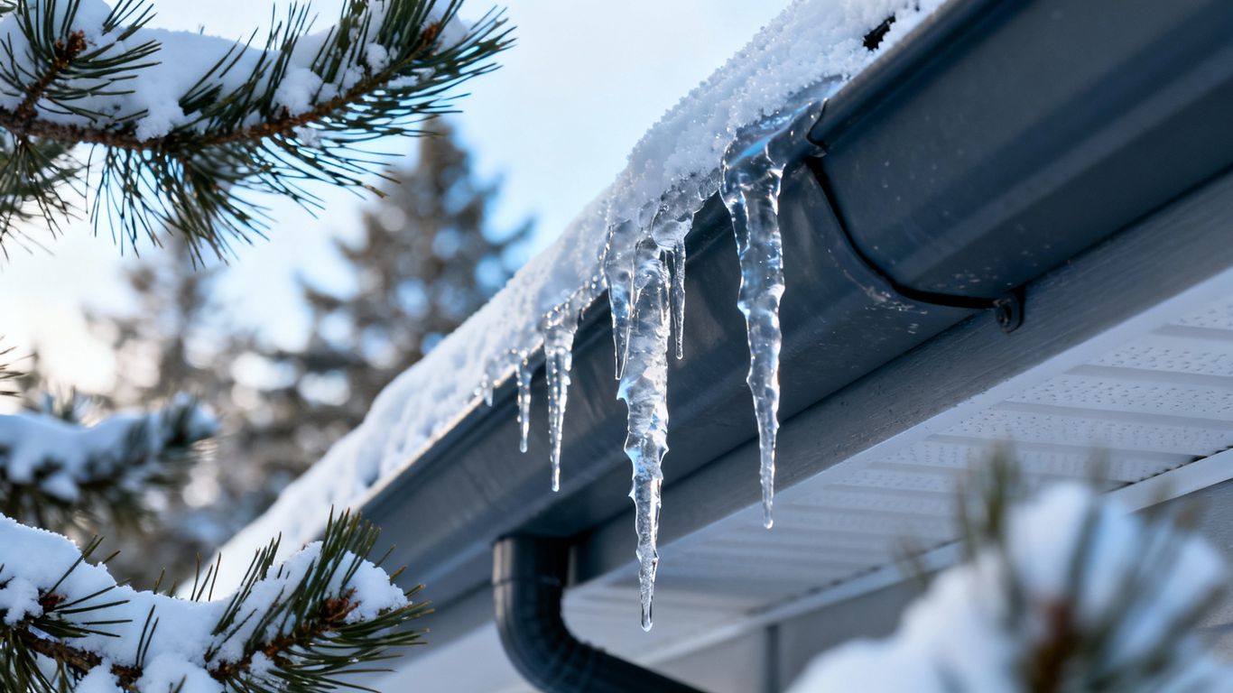 Winter gutters with icicles on a snowy roof.