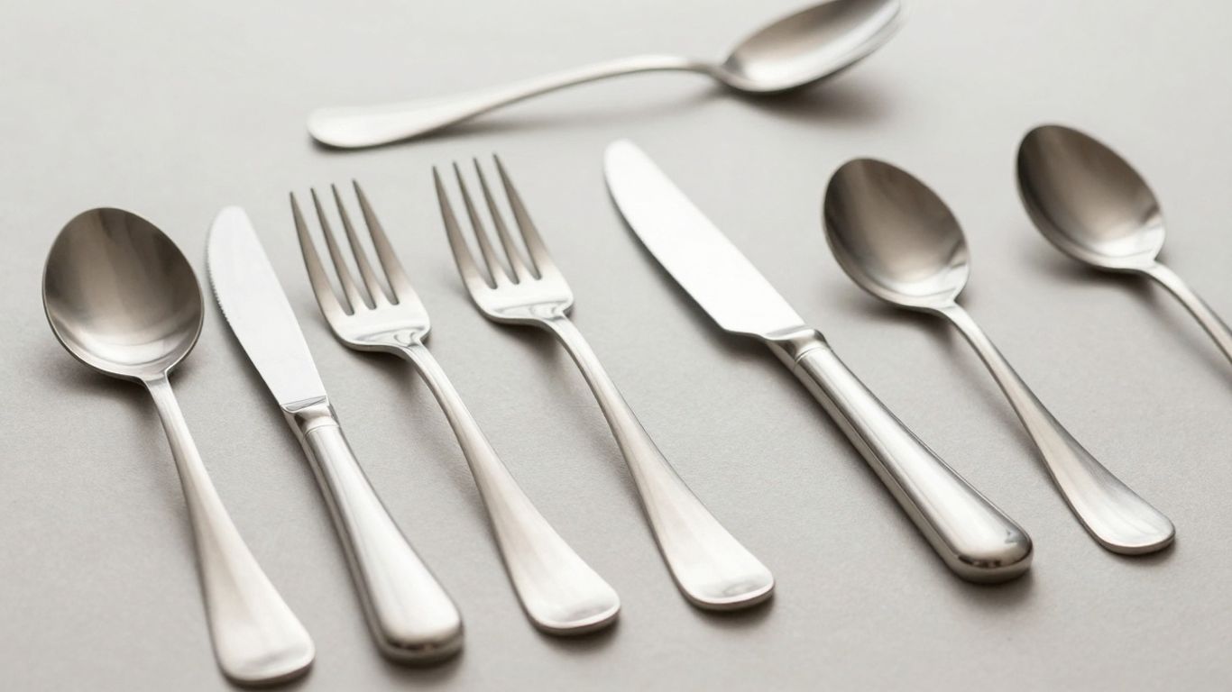 Assortment of polished stainless steel cutlery for catering.
