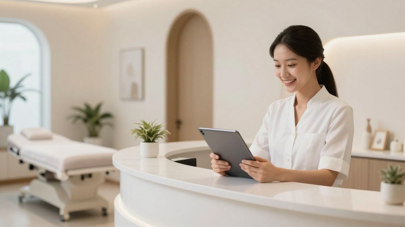 Receptionist booking appointment on tablet in med spa.