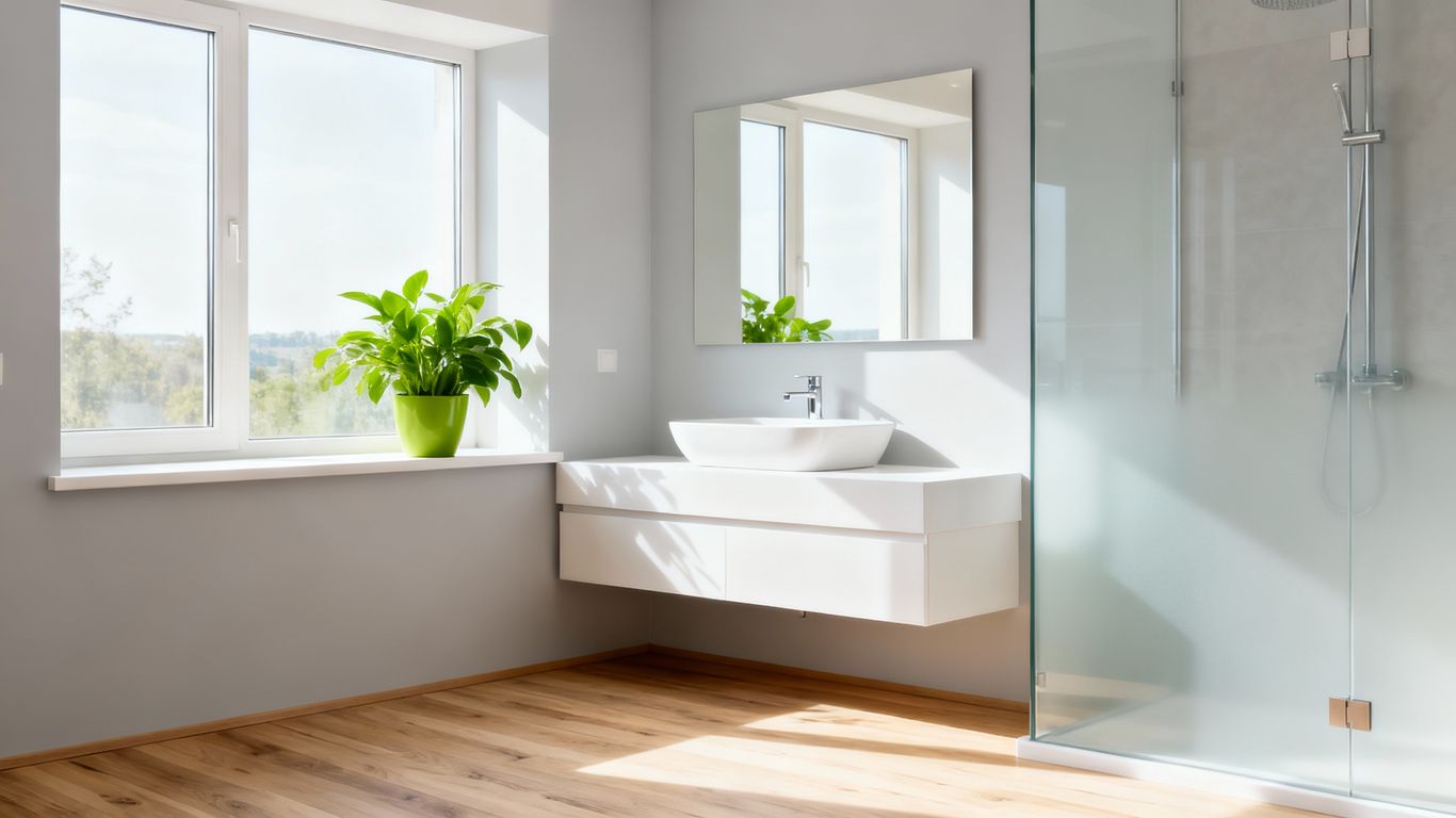 明亮现代的卫生间设计，充满自然光和绿植。
