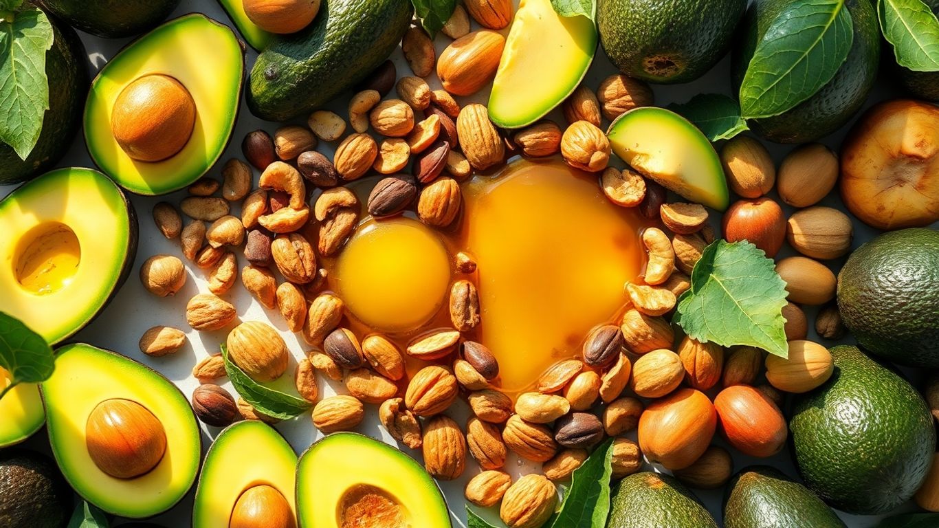 Heart shape made of healthy fats and vitamin E rich foods.