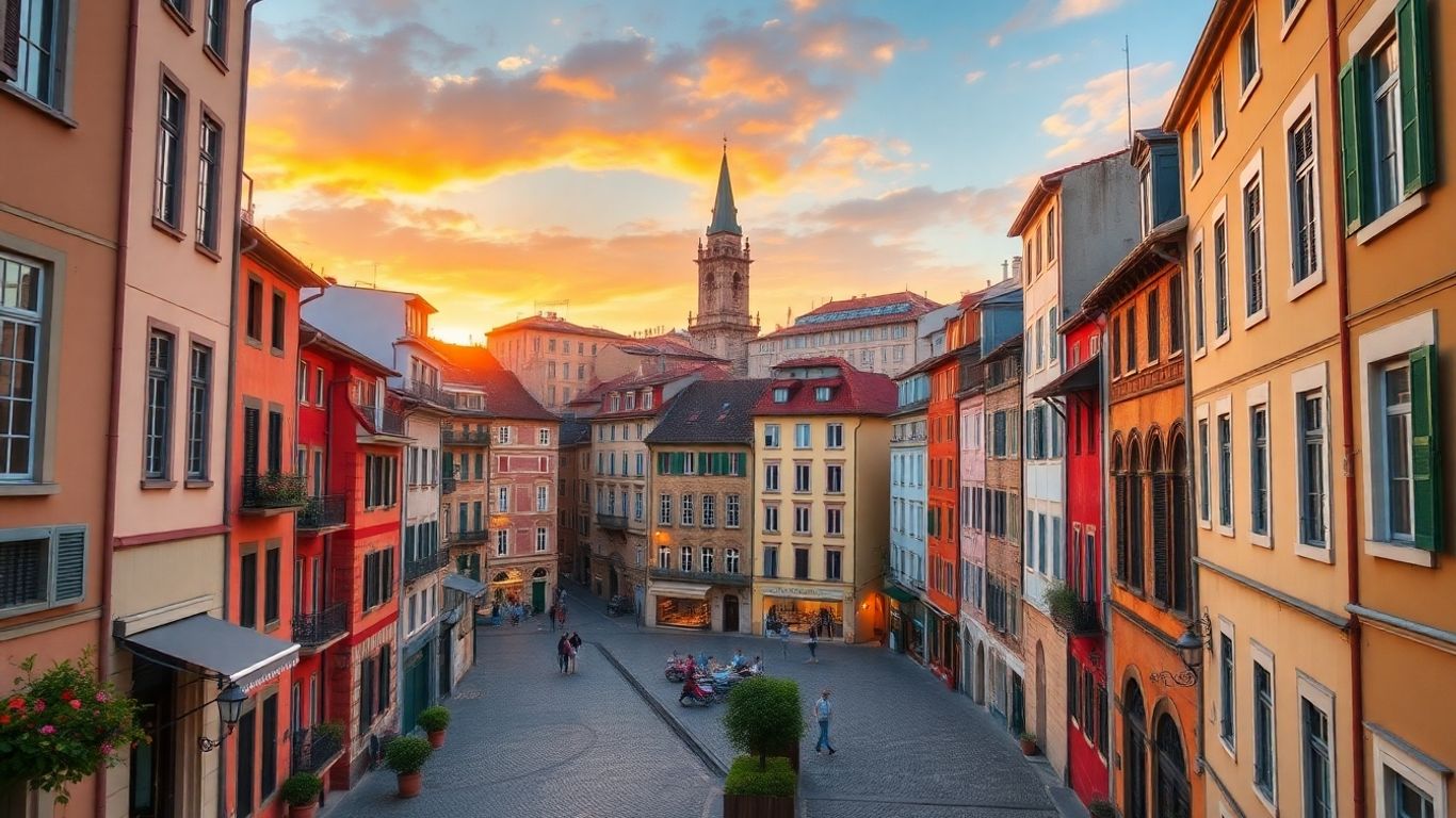 Charming European cityscape with historic architecture at sunset.