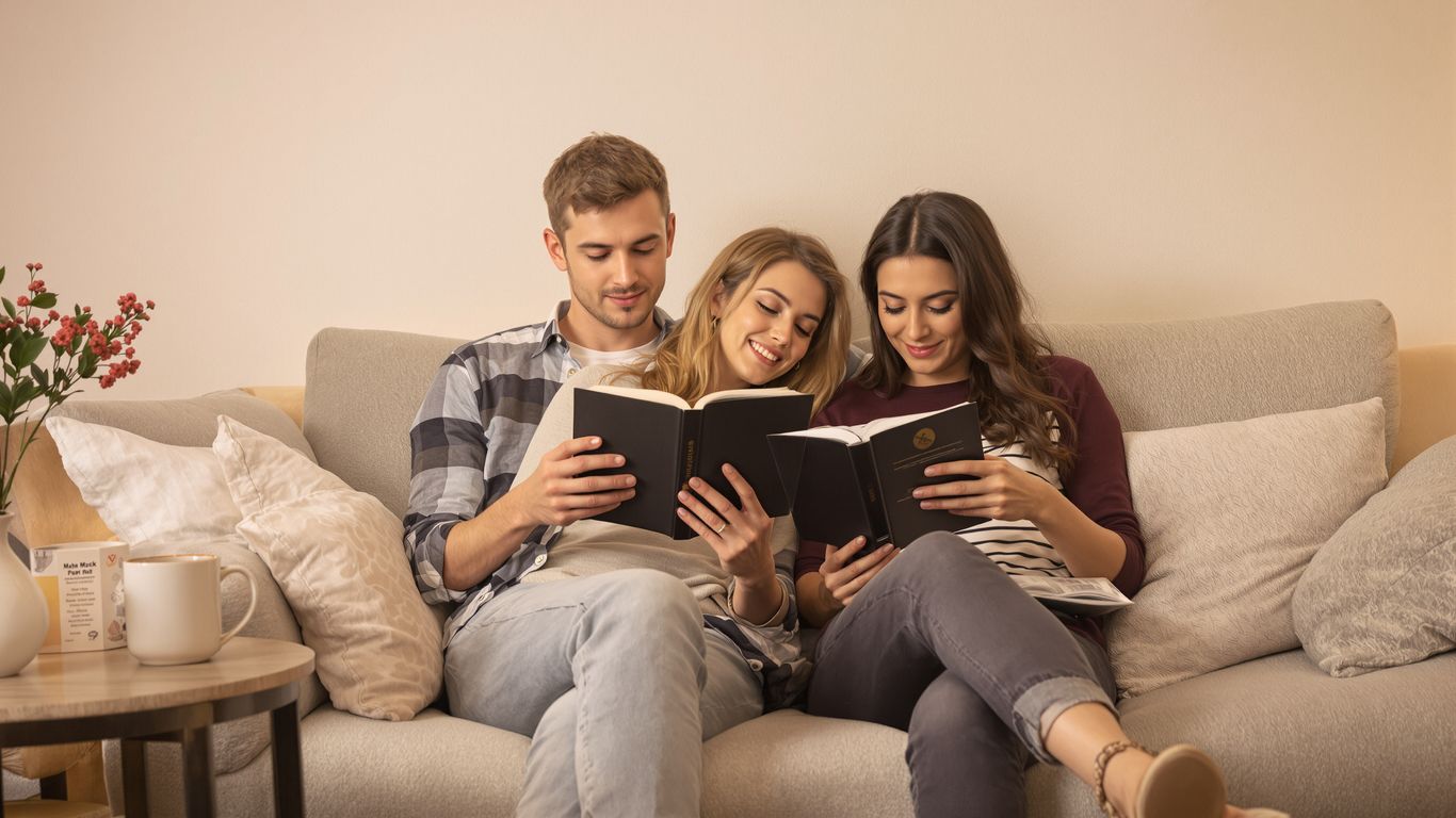 Couple reading books on a sofa in a cozy living room.