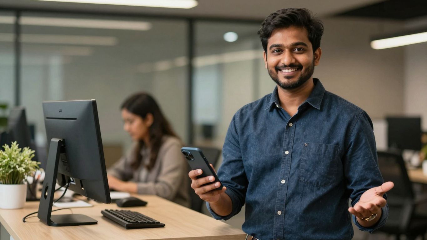 Salesperson smiling and holding a phone, looking welcoming.