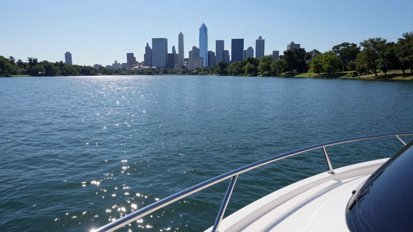 Private yacht on Dallas lake with city skyline.