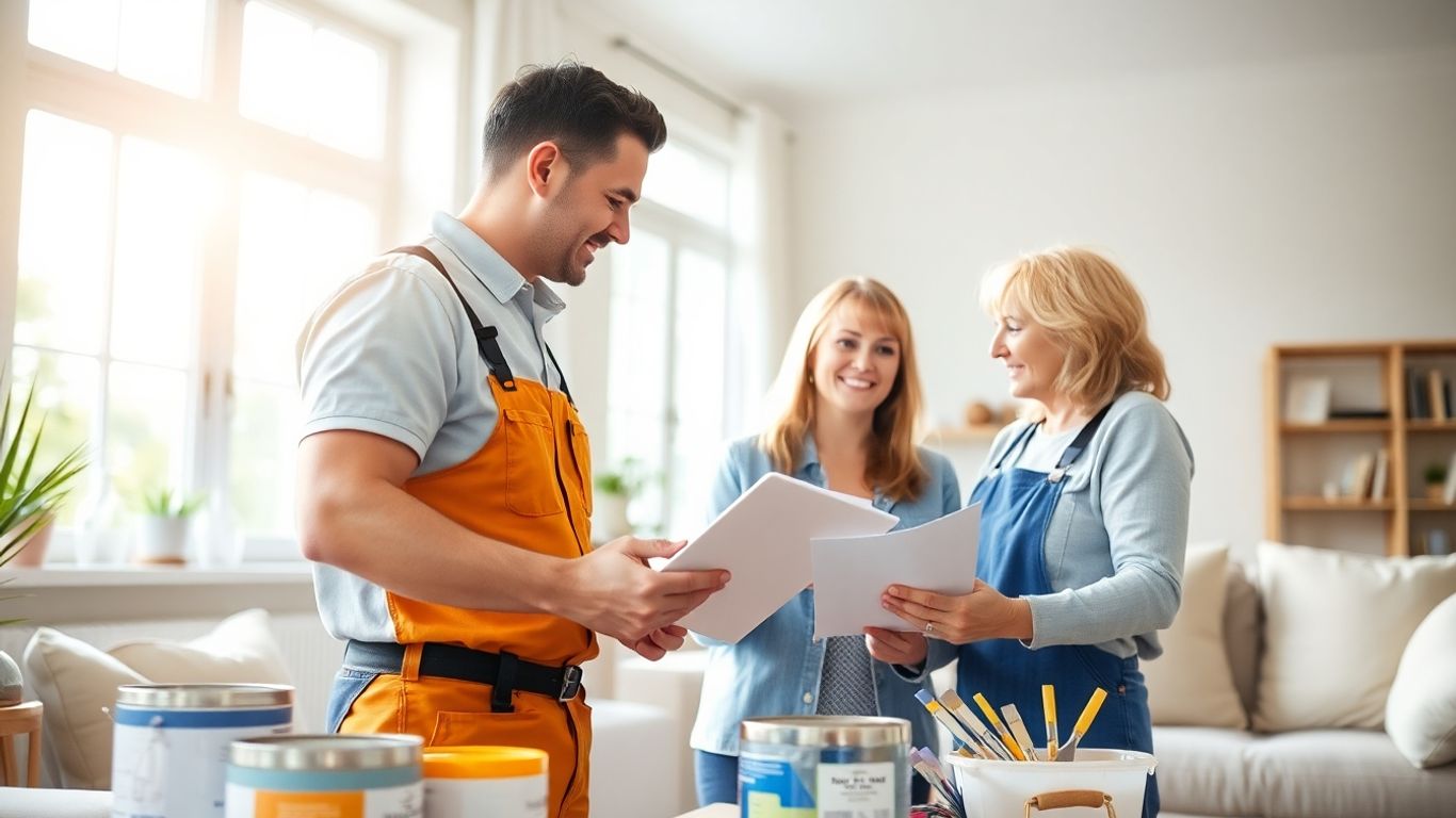 Painter and homeowner reviewing paint samples in modern home