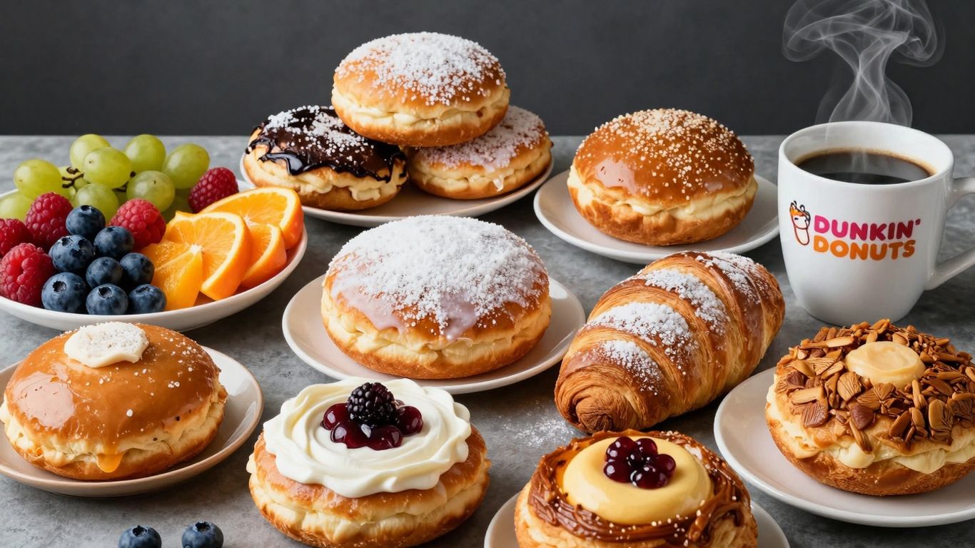 Healthy Dunkin' Donuts breakfast spread with coffee and fruit.
