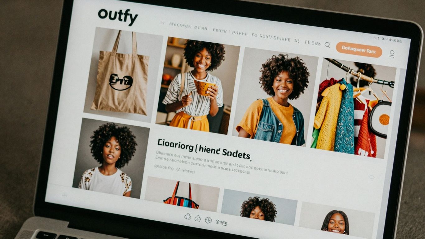 Outfy app interface displaying Etsy product photos on a laptop.