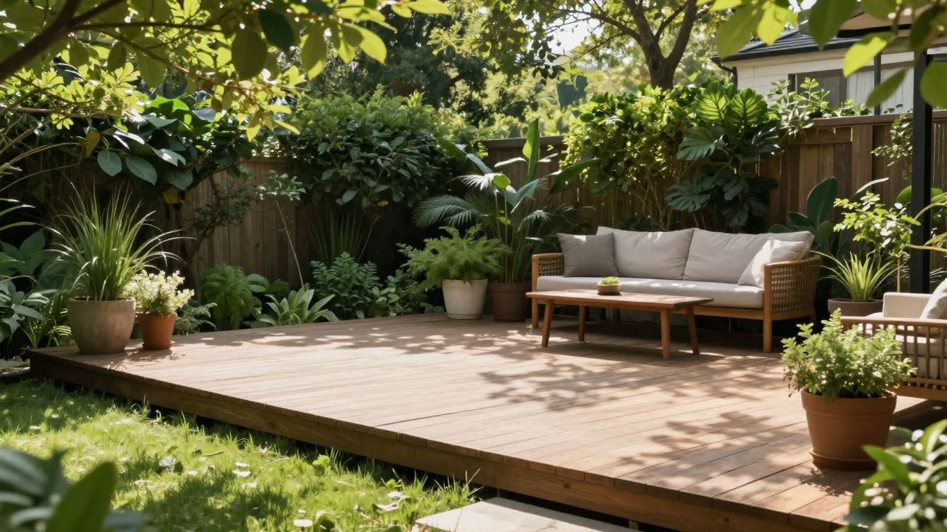 Houten vlonder in een groene tuin met meubels.