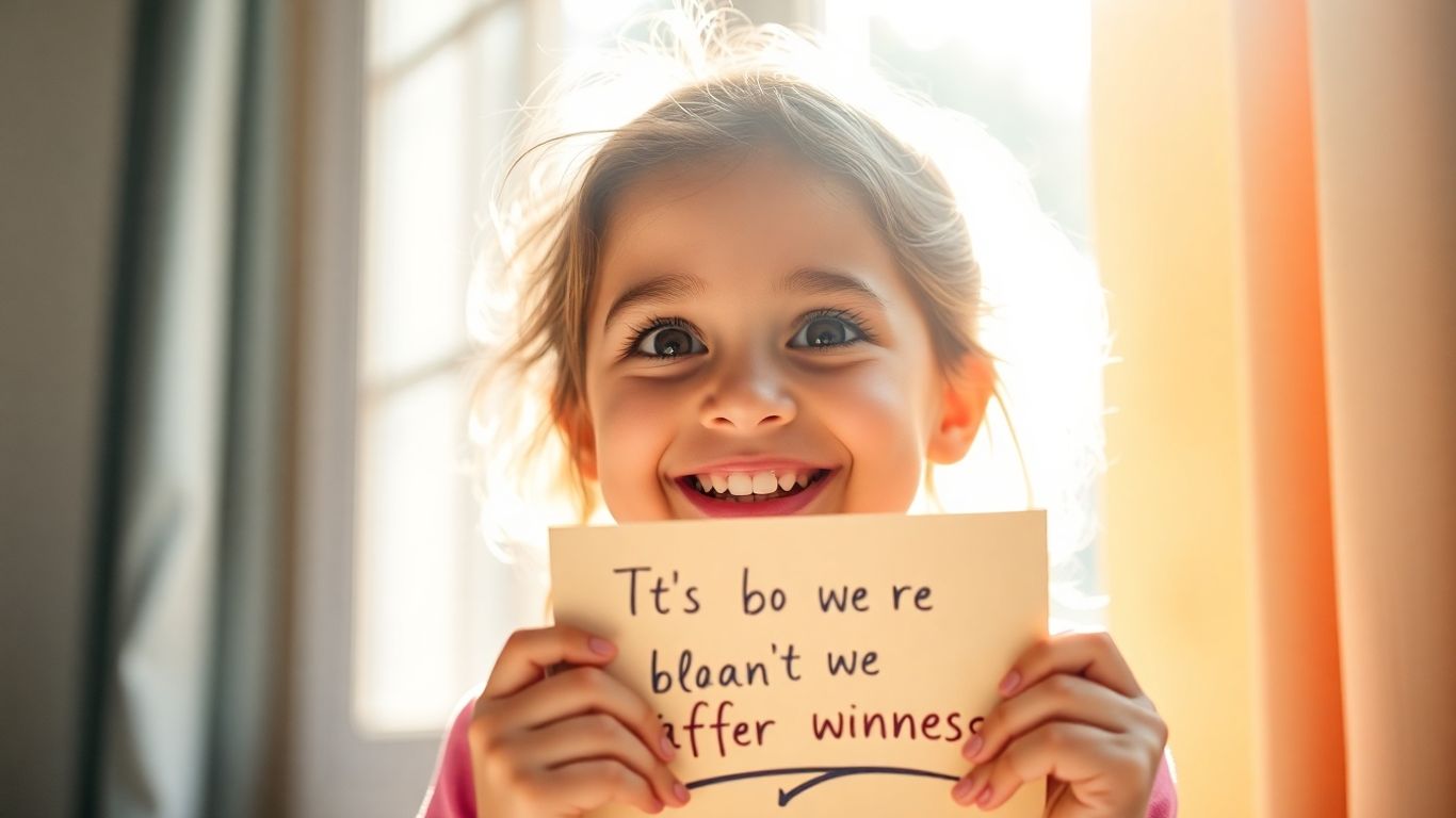 Child smiling holding affirmation card, feeling confident.