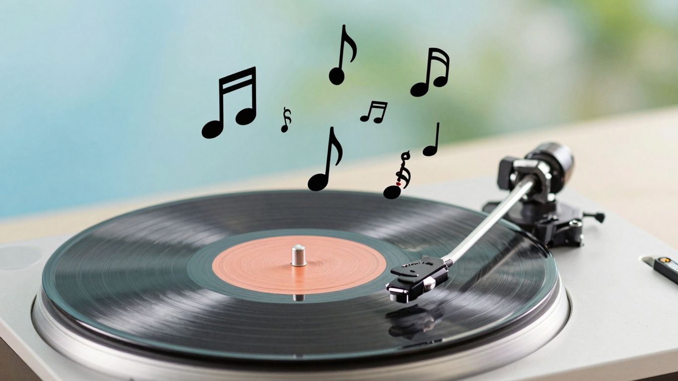 Record player with floating musical notes and microphones.