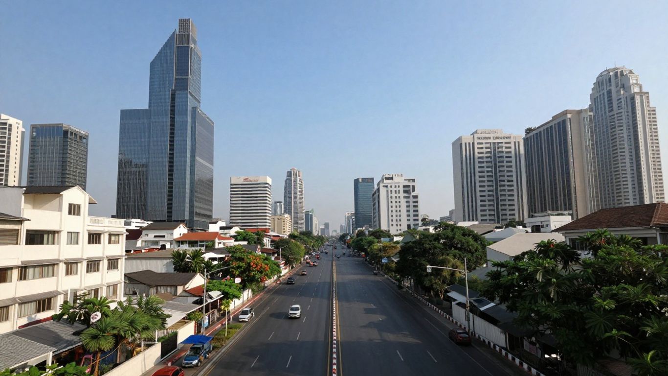 Bangkok cityscape with skyscrapers and a long road.