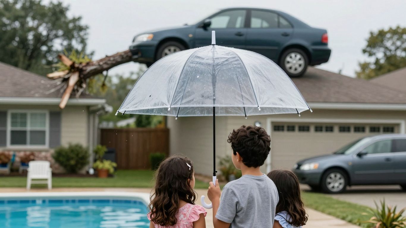 Family protected by a large umbrella from potential accidents.