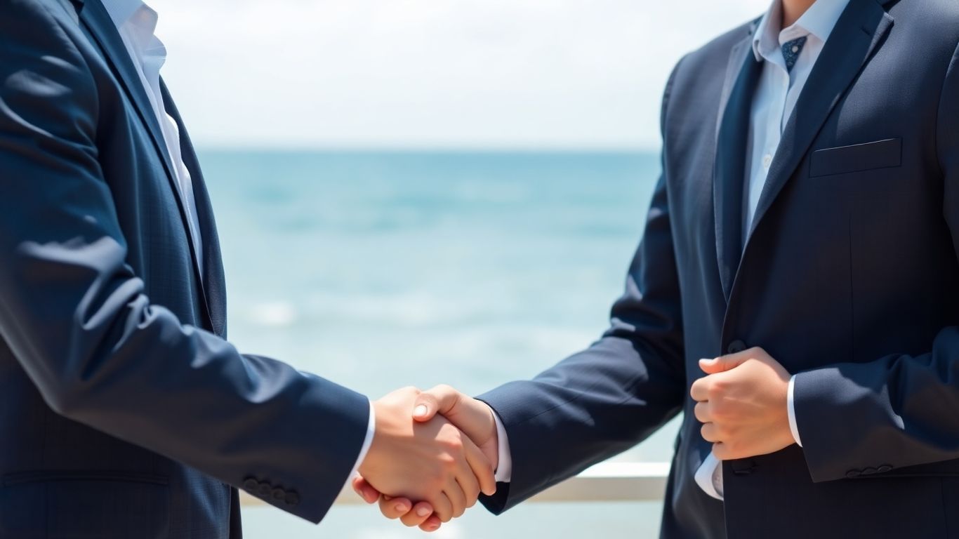 Professional handshake with Florida coast background.