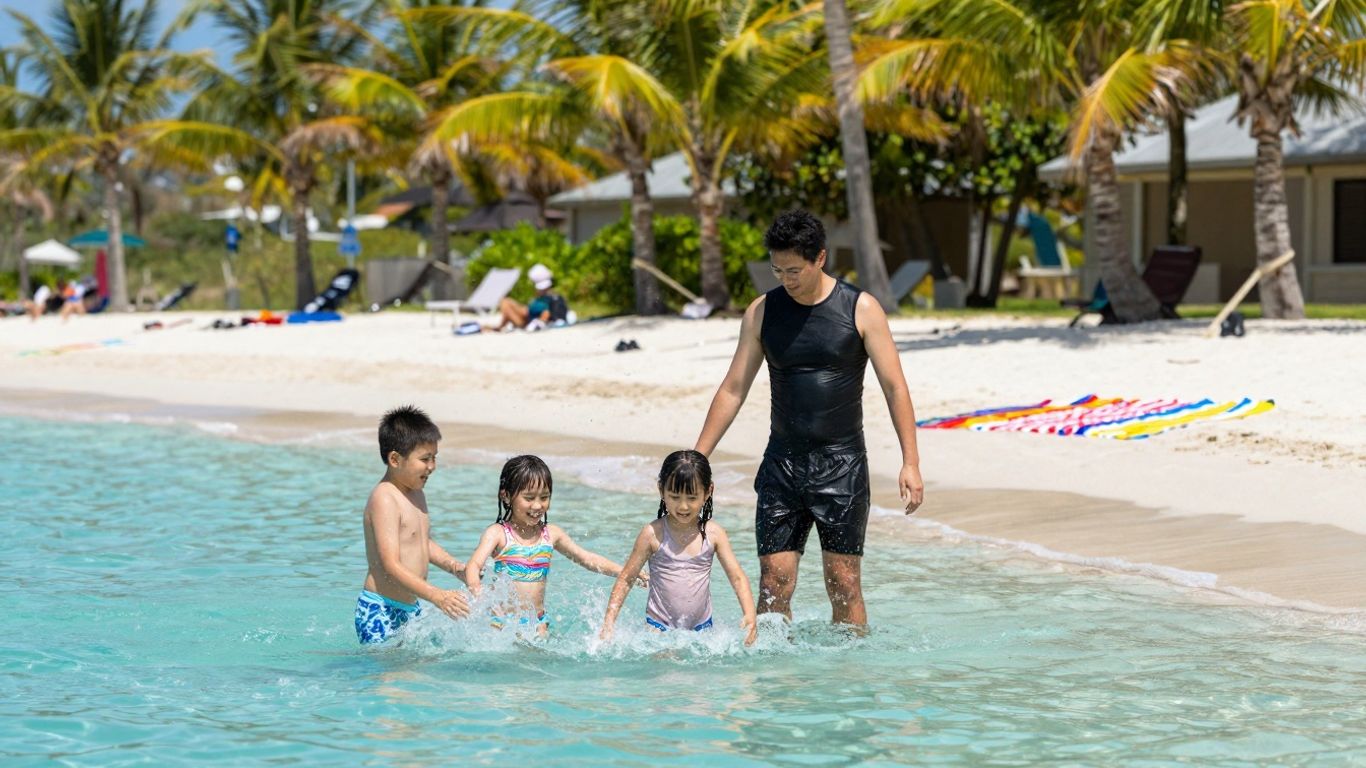 Family enjoying a sunny beach vacation at an all-inclusive resort.