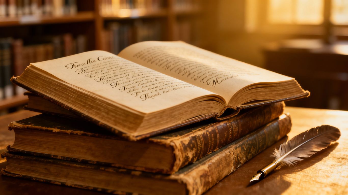 Stack of classic books with a quill pen.