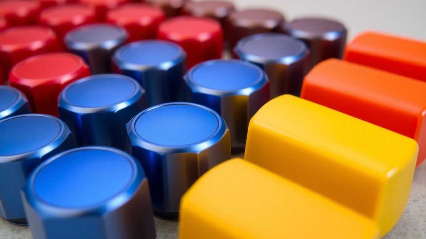 Colorful valve caps arranged for visual appeal.