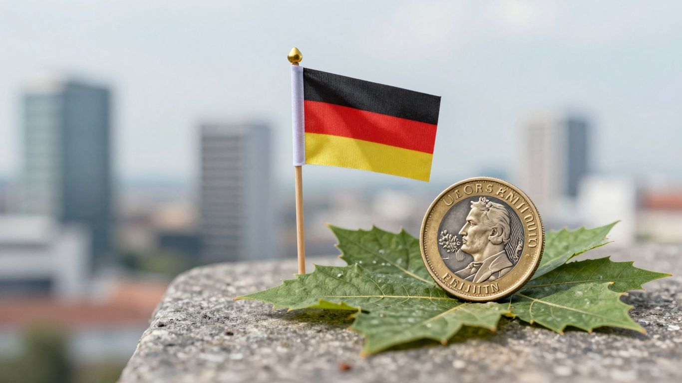 German flag and golden coin with green leaves.