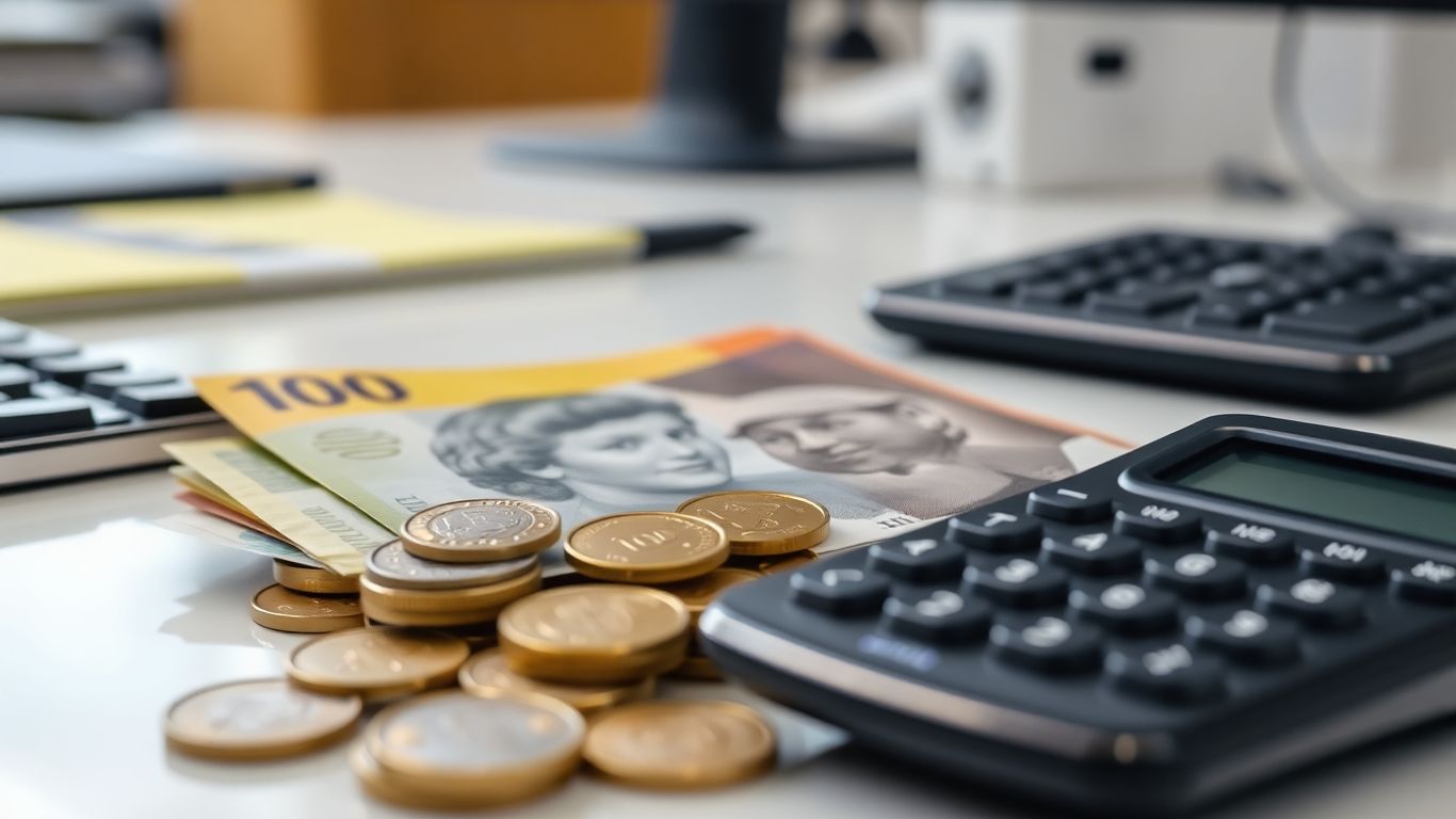 Australian dollars and coins on a desk.