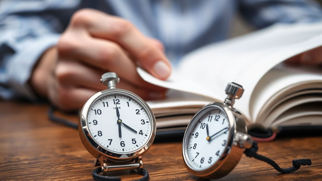 Person managing time with a stopwatch and book.