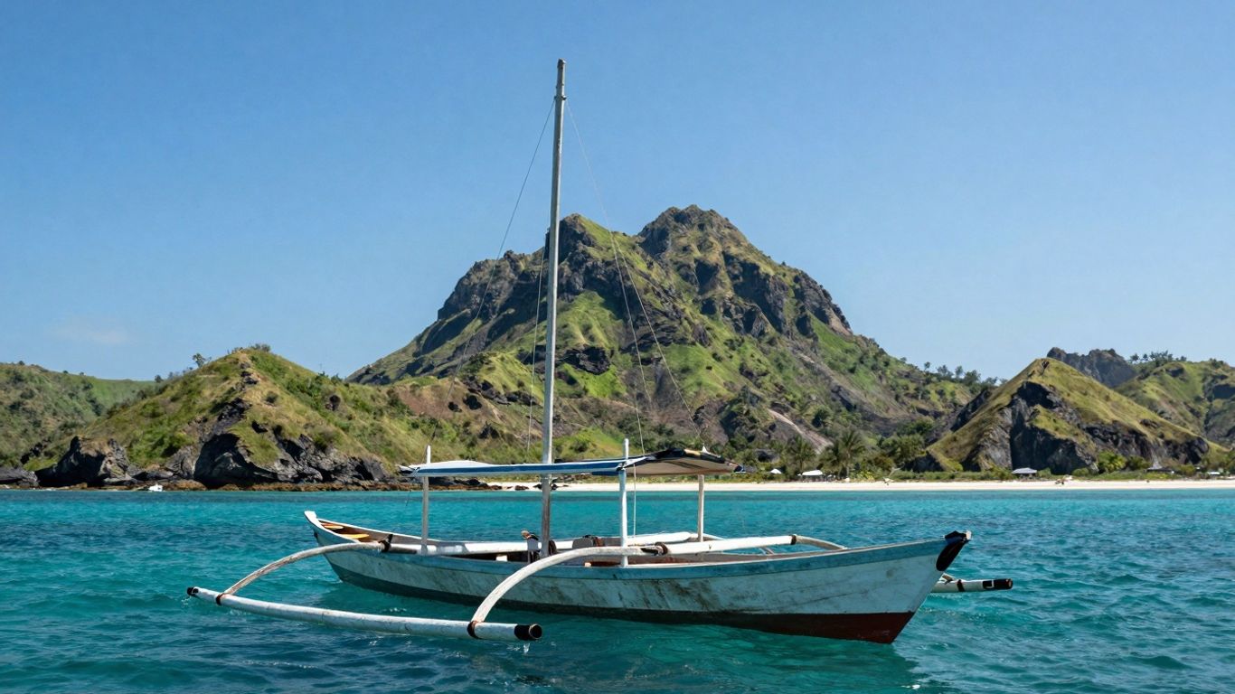 Komodo boat trip with turquoise waters and green hills.