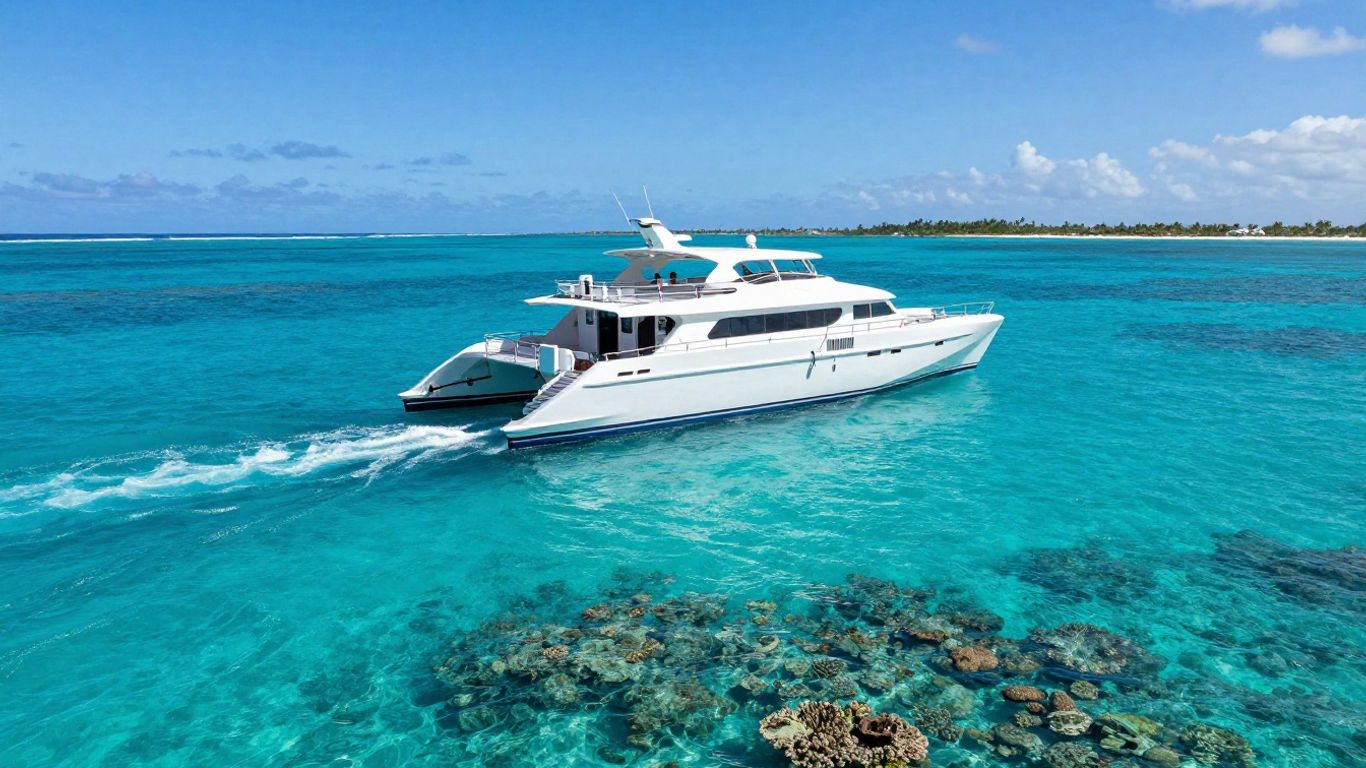 Catamaran sailing on turquoise Caribbean waters near islands.