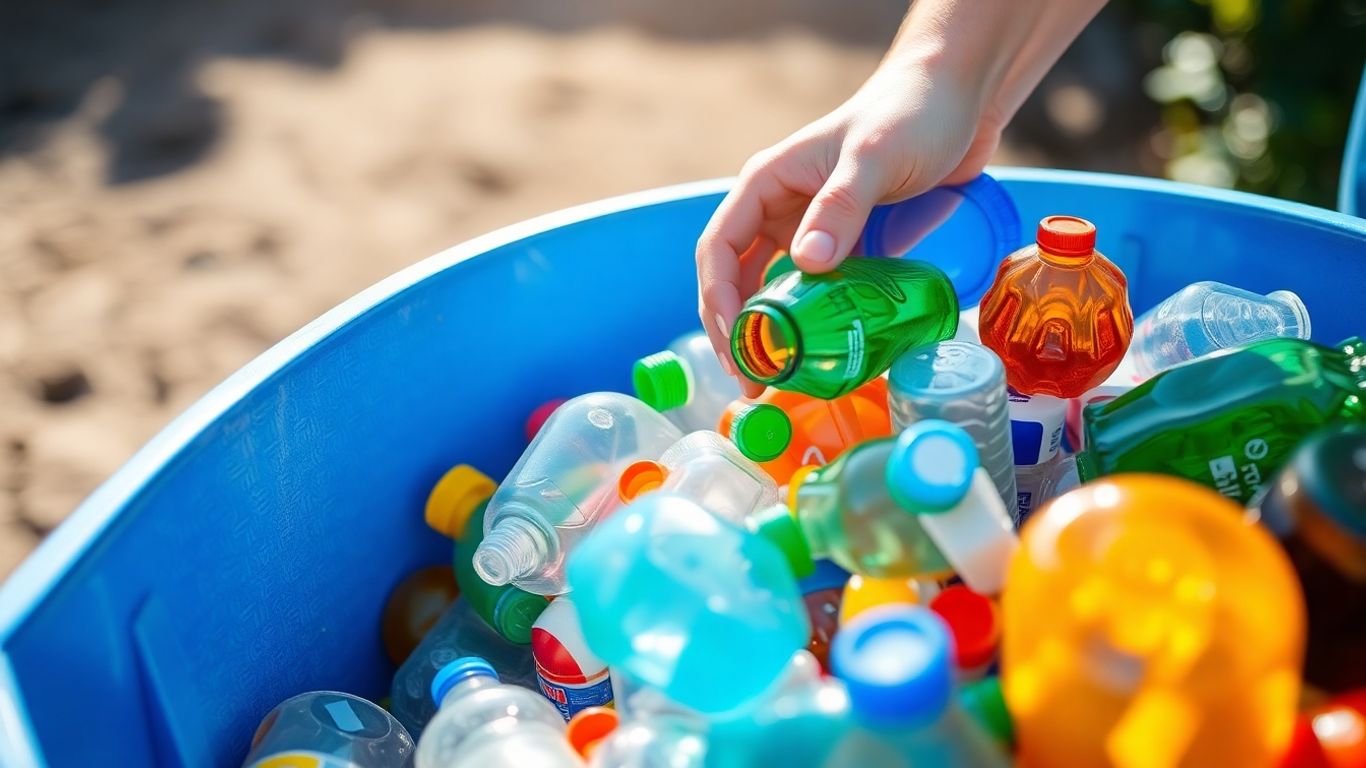 Mâini sortând plastic pentru reciclare într-o pubelă albastră.