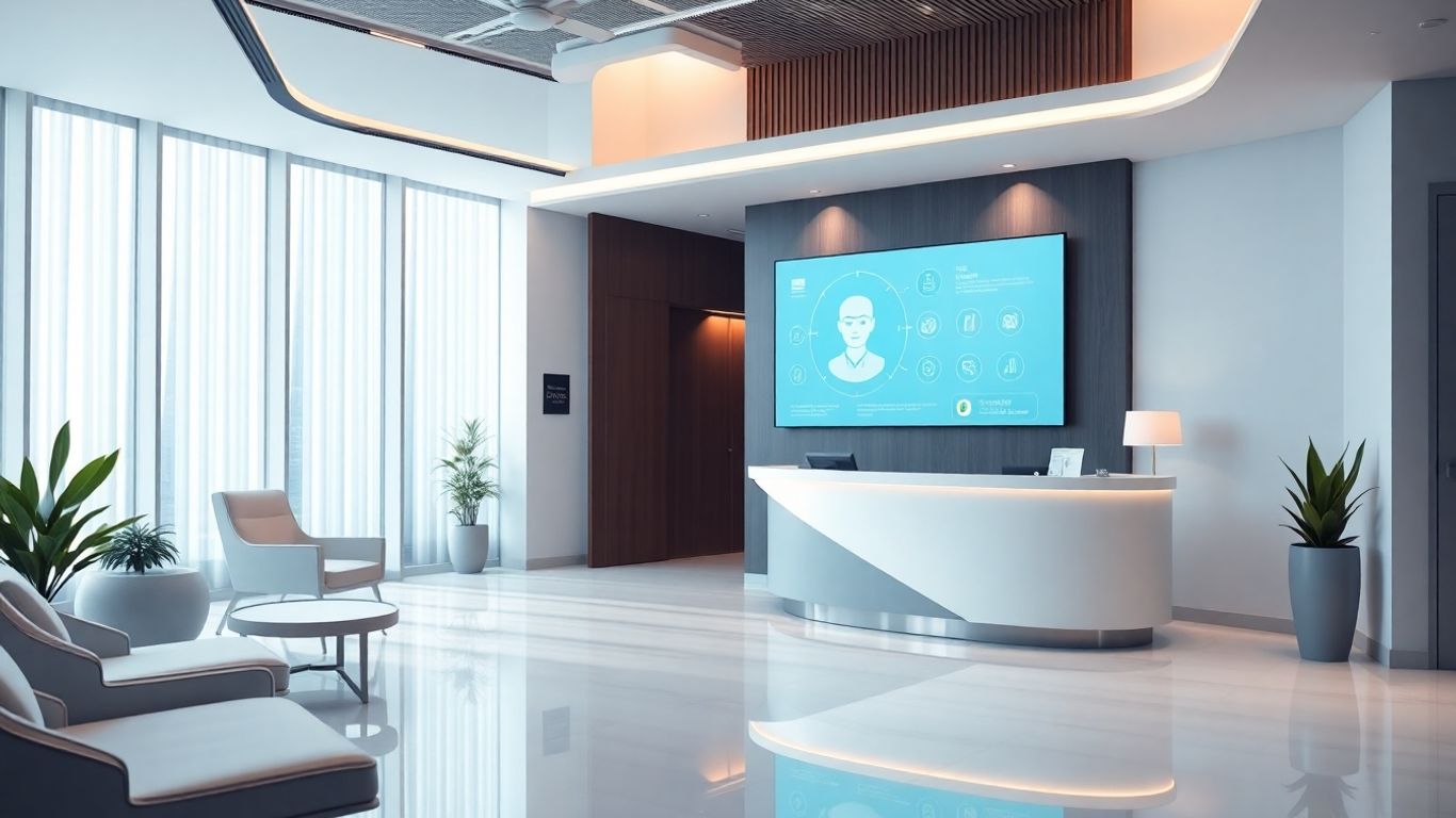 AI receptionist interface in a modern clinic reception.