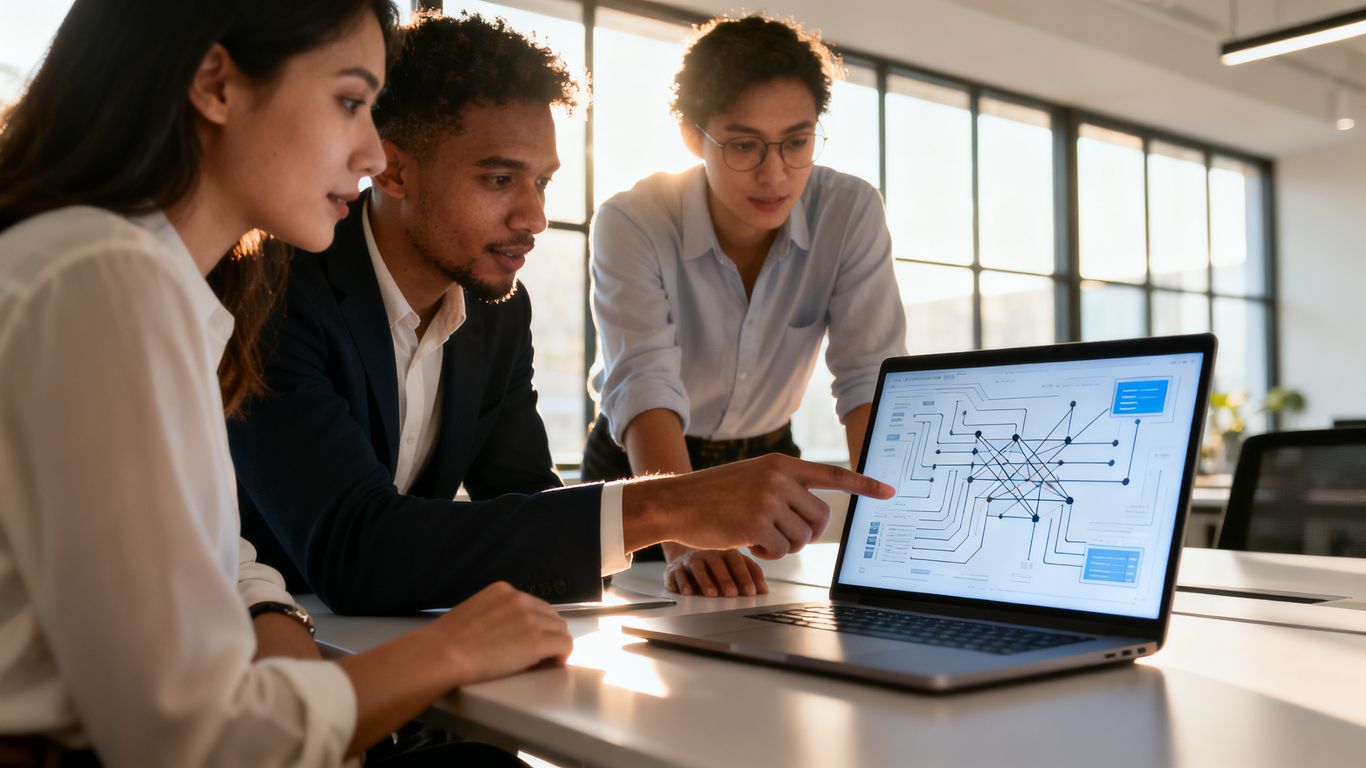 Business people working together on IT support.