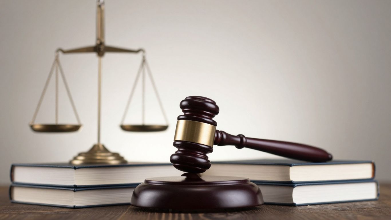 Gavel, law books, and balanced scale.